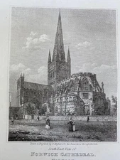 ENGRAVING NORWICH CATHEDRAL NORFOLK 1818 Drawn & ENGRAVED By T Higham