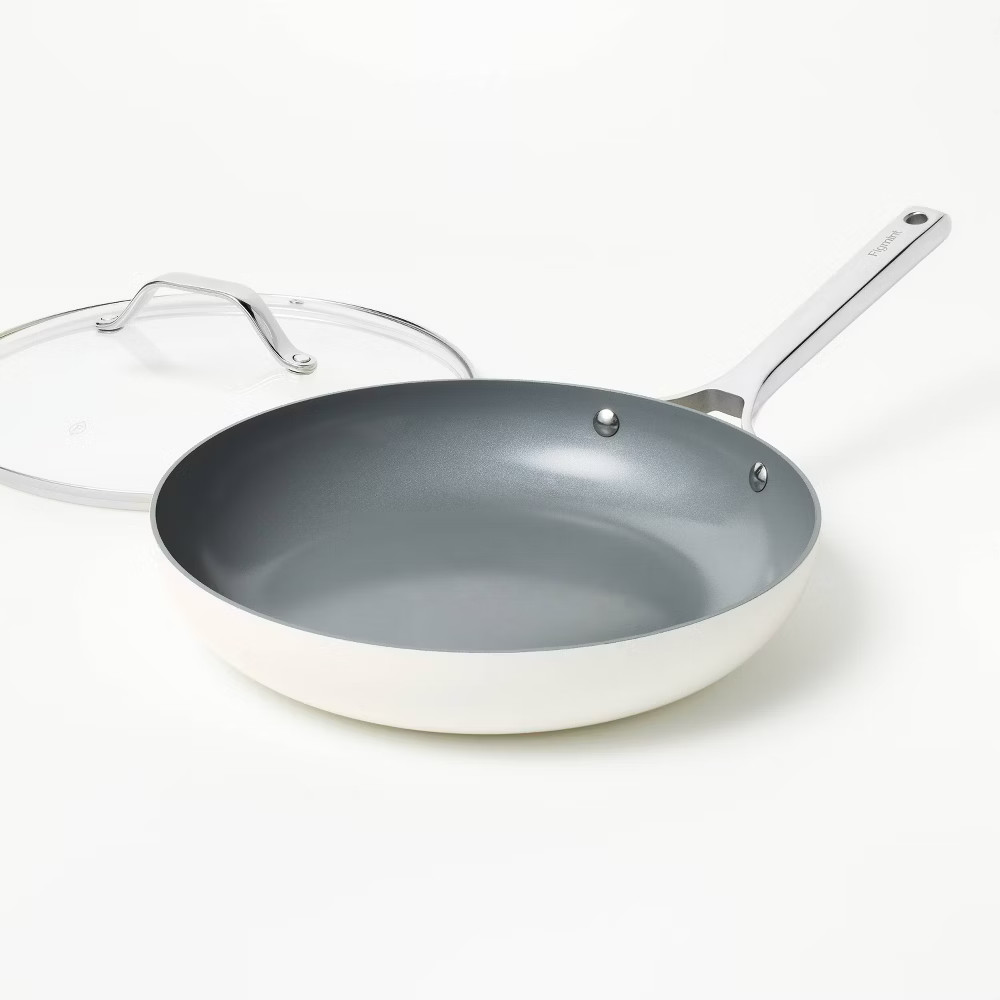 12" Nonstick Ceramic Coated Aluminum Frypan with Cover Cream - Figmint