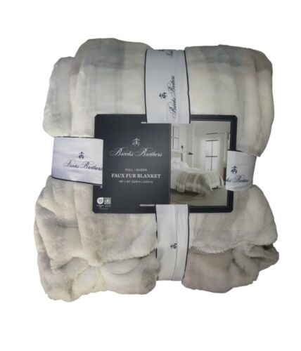 Brooks Brothers Faux Fur Blanket Full Queen Heavy Soft Luxurious Plaid Stripe