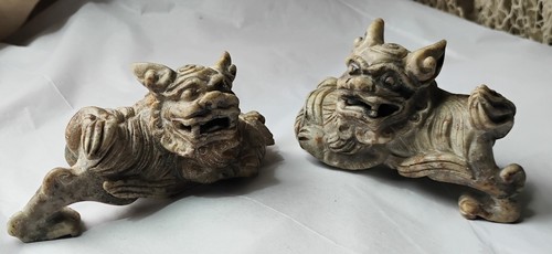 Pr. of Antique Carved Soapstone Foo Dogs, Oriental Art, 2 inches tall.