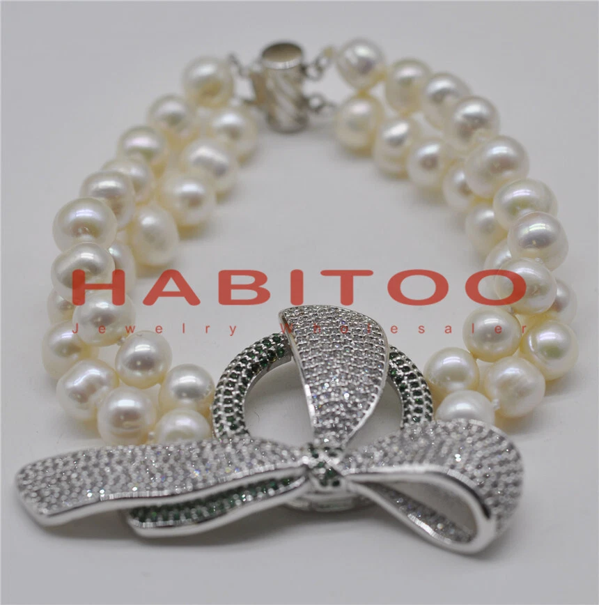 Brazalete de perlas blancas enchapado en oro blanco conector pavé circonita cúbica 2 filas 8-9 mm 8" Foto 3 de 3