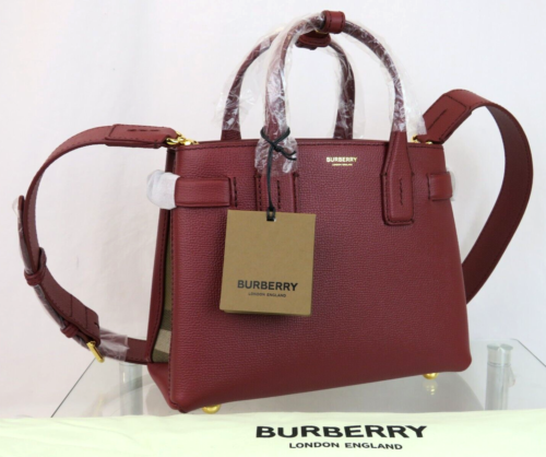 $1650 BURBERRY SM BANNER CRIMSON LEATHER CHECK CANVAS SHOULDER SMALL TOTE BAG - Picture 1 of 16