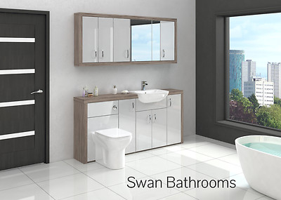 DRIFTWOOD / LIGHT GREY GLOSS BATHROOM FITTED FURNITURE WITH WALL UNITS