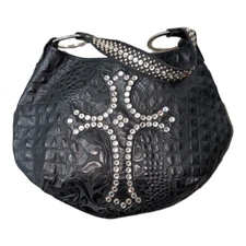 Raviani Black Crocodile Leather Swarovski Crystal Cross Bag 