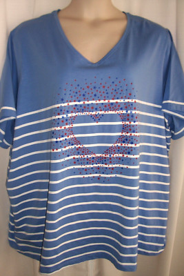 Liz & ME PLUS 3X (26-28W) Blue White Striped W Red White Blue Heart Top Tunic