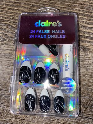 Claire s Nails Faux False w/Glue Black Marble White French Tip Manicure Set
