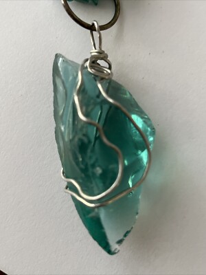 Beach Glass Pendant On Necklace Silver Tone Wire Handcrafted Artisan