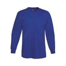 Hanes T-Shirt Men's XL Blue 100 Cotton Long Sleeve Tee Stretch Crew Neck