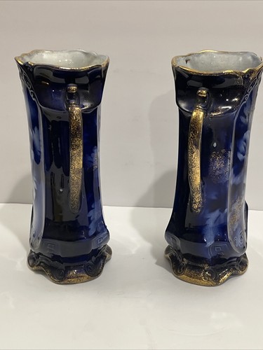 Vintage Antique Flow Blue, Gold Pottery Pair of Floral Vases Singed LYNN - Picture 20 of 21