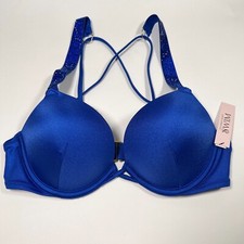 Victoria Secret 32D Bombshell Push Up Bikini Top Adds 2 Cups Shine Strap Blue