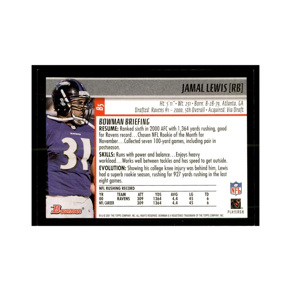 2001 Bowman Jamal Lewis Football Cards #85 - Image 2 of 3