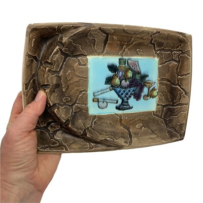 MCM Ashtray Snakeskin Look  Ceramic w/ Painted Center Tile Unique Retro Unusual