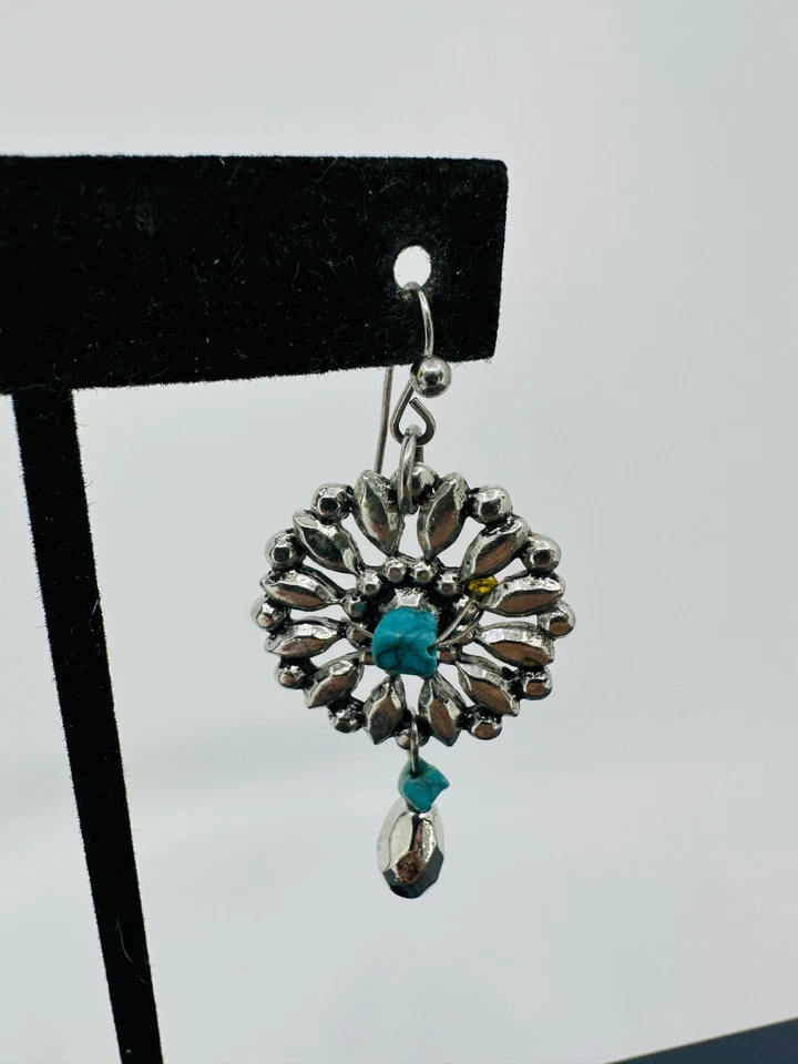 Pendientes Chicos Flor Azul Cuentas Cuelgan Boho Western Tono Plata Joyería Foto 2 de 4