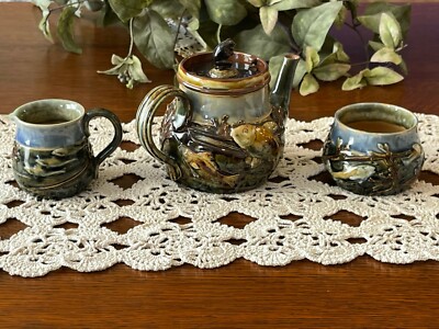 DOULTON LAMBETH STONEWARE GEORGE TINWORTH DESIGN FISH FROG TEA SET C. 1905 RARE