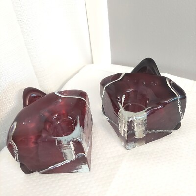 Slag Art Glass Candle Stick Holders Red Clear Pair Multi Taper Czechoslovakia 