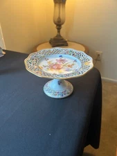 Vintage Schumann Porcelain Germany Chateau Dresden FlowersReticulatedCompote VGC