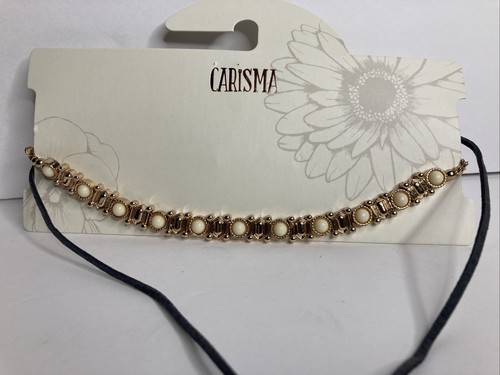Charisma Cream Beads on Gold Color Choker Necklace with Leather Tie Choker - Picture 2 of 4