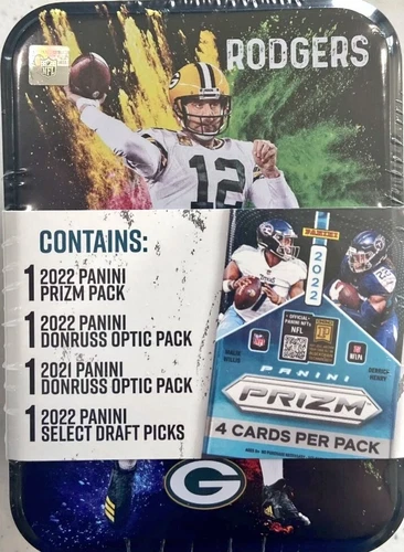 AARON RODGERS 2021-22 NFL Collector’s Tin - 4 Sealed Packs Prizm Optic Select