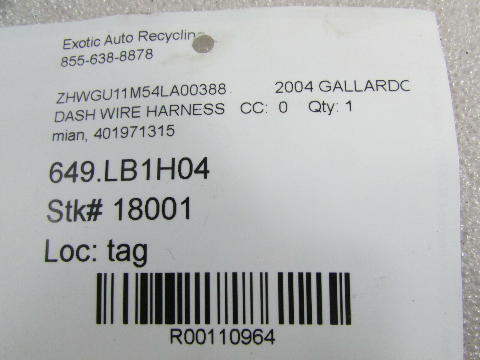 2004 Lamborghini Gallardo, Main Dash Wire Harness, Used, P/N 401971315