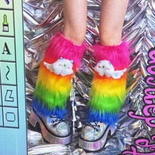 Fur Leg Warmers - Fuzzy Fluffies - Rainbow Striped - 15 in