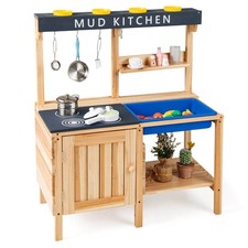 Kids Kitchen Playset Wooden Outdoor Mud Kitchen Pretend Play Toy W/ Kitchenware