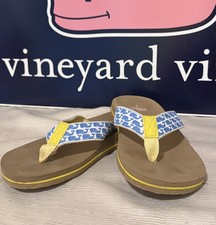 Vineyard Vines Women’s 7 Blue Whale On White with Yellow on Light Tan Flip Flops