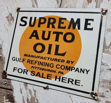VINTAGE GULF PORCELAIN SIGN SUPREME AUTO OIL GAS PUMP PLATE FOR SALE HERE PENNA