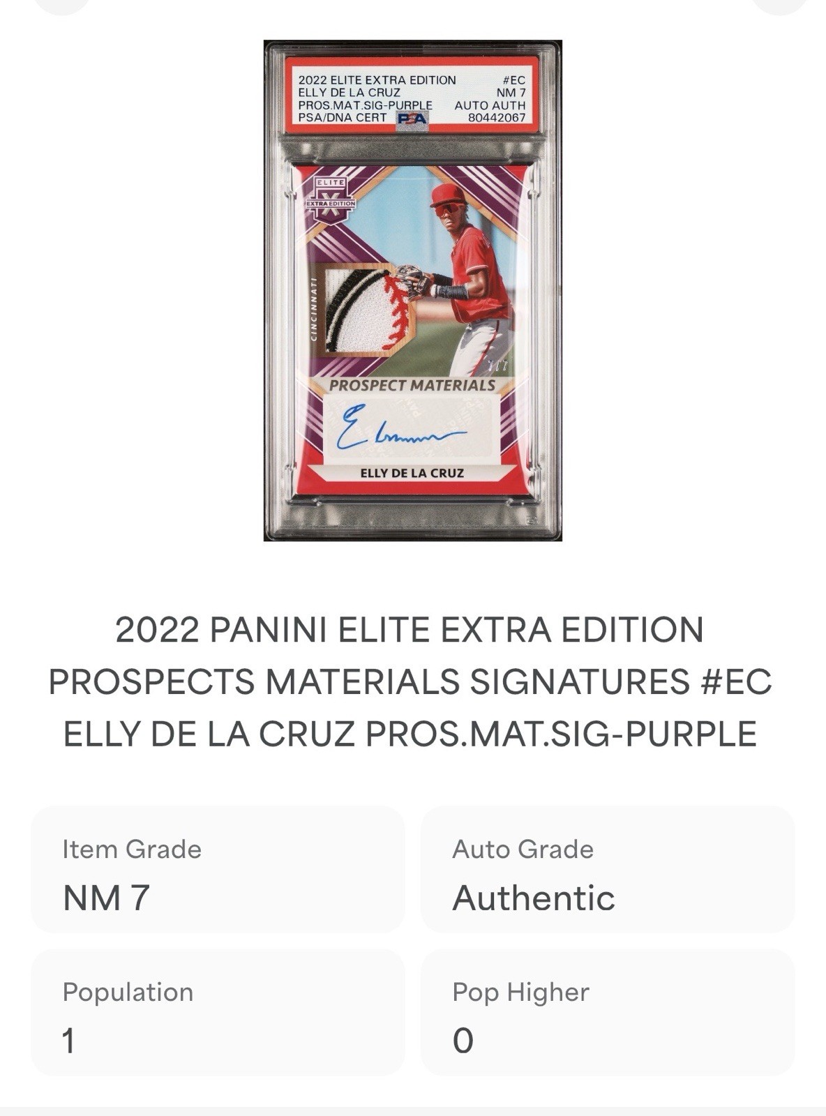 🔥2022 Panini Elite Elly De La Cruz RC 3-Color Patch Auto 7/7 Pop 1 Rare PSA 7 view 2