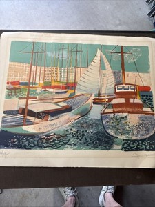 Original Modern Art Boat Scene Signed Numbered ; Lithograph