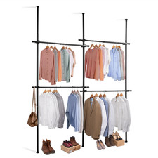 Double Black Telescopic Wardrobe Organiser Hanging Rail Clothes Rack Adjustable
