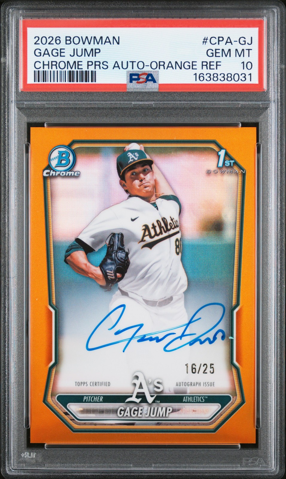 2026 BOWMAN CHROME PROSPECT AUTO ORANGE REFRACTOR GAGE JUMP 16/25 PSA 10