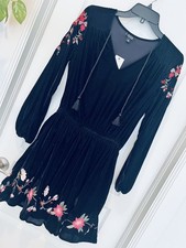 Black Velvet Dress Embroidered Floral Mini Boho Peasant Fit Flare S Ana Whimsy 