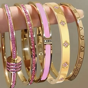 Authentic 5PCS Gold Plated Pink Bangle Bracelet Set for Women non tarnish
