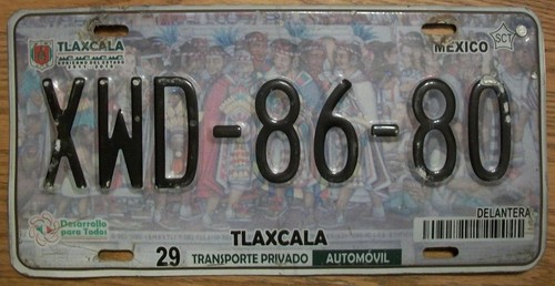 SINGLE MEXICO state of TLAXCALA LICENSE PLATE - 2015/17 - XWD-86-80 - AUTOMOVIL