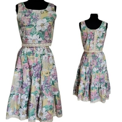 Vintage Vicky Vaughn 2-Pc Cotton Skirt & Crop Top Set   Floral Newspaper Print