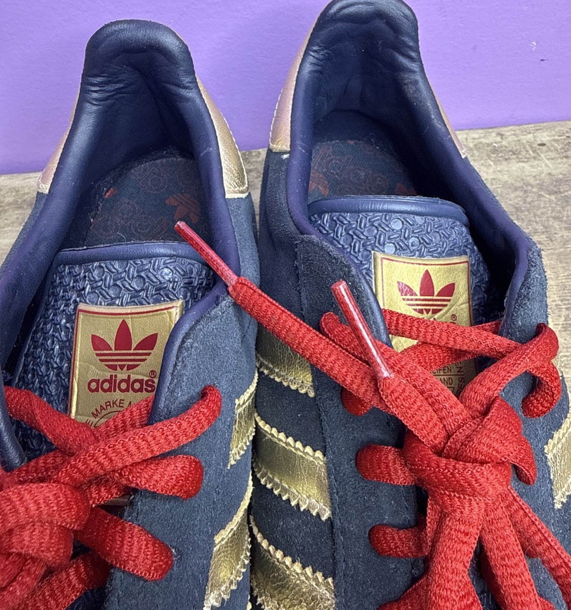 Adidas Dark Blue Suede Metallic Gold Accents Red Branding/laces