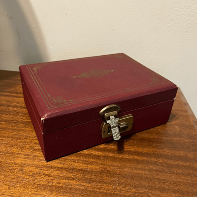 Vintage 50s Leatherette Jewelry Box Burgundy, Satin Lined, Mirror Two-Tiers