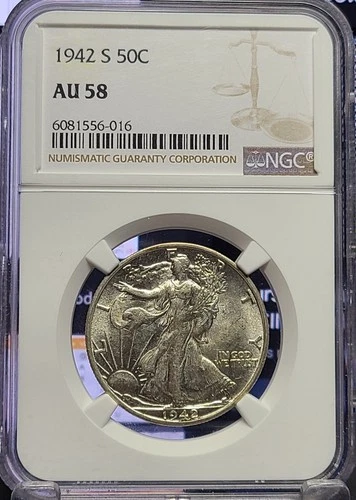 1942 S NGC AU58 Walking Liberty Half Dollar / Beautiful Old Coin! (016)