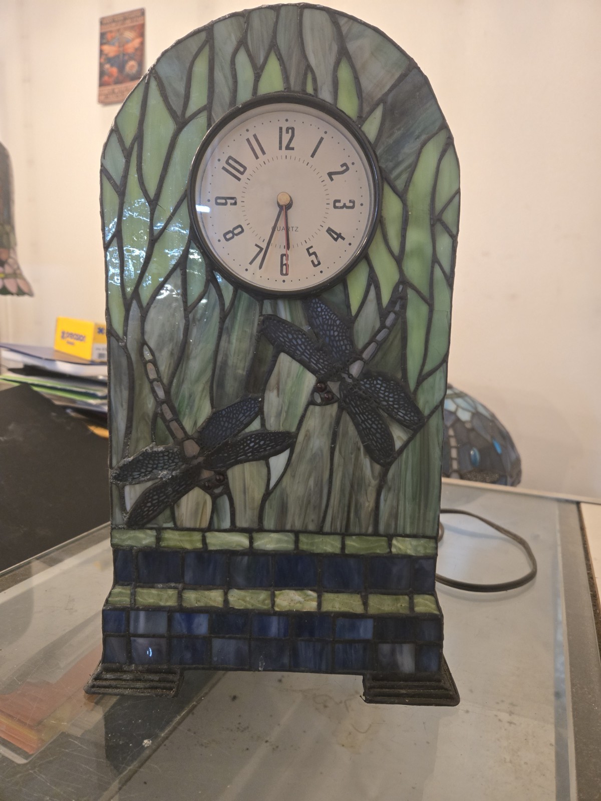 Dale Tiffany Dragon Fly Clock. Tiffany Style Stained. 15" Tall 7.5" Wide.