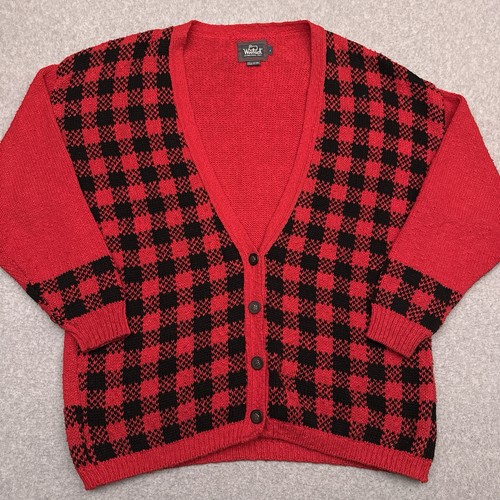 Woolrich, Vintage Woolrich Cardigan Sweater Men's L Red Buffalo Check Cotton Made in USA