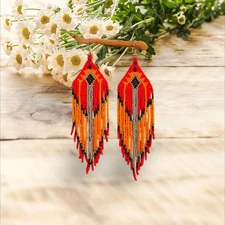 Tribal Earrings Native Large Boho American Seed Beads Handmade Earring