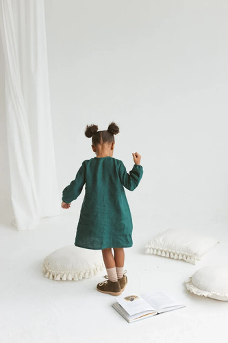 Girls Linen Dress With Buttons, Emerald Linen Dress With Bishop Sleeves, Toddler - Picture 3 of 11