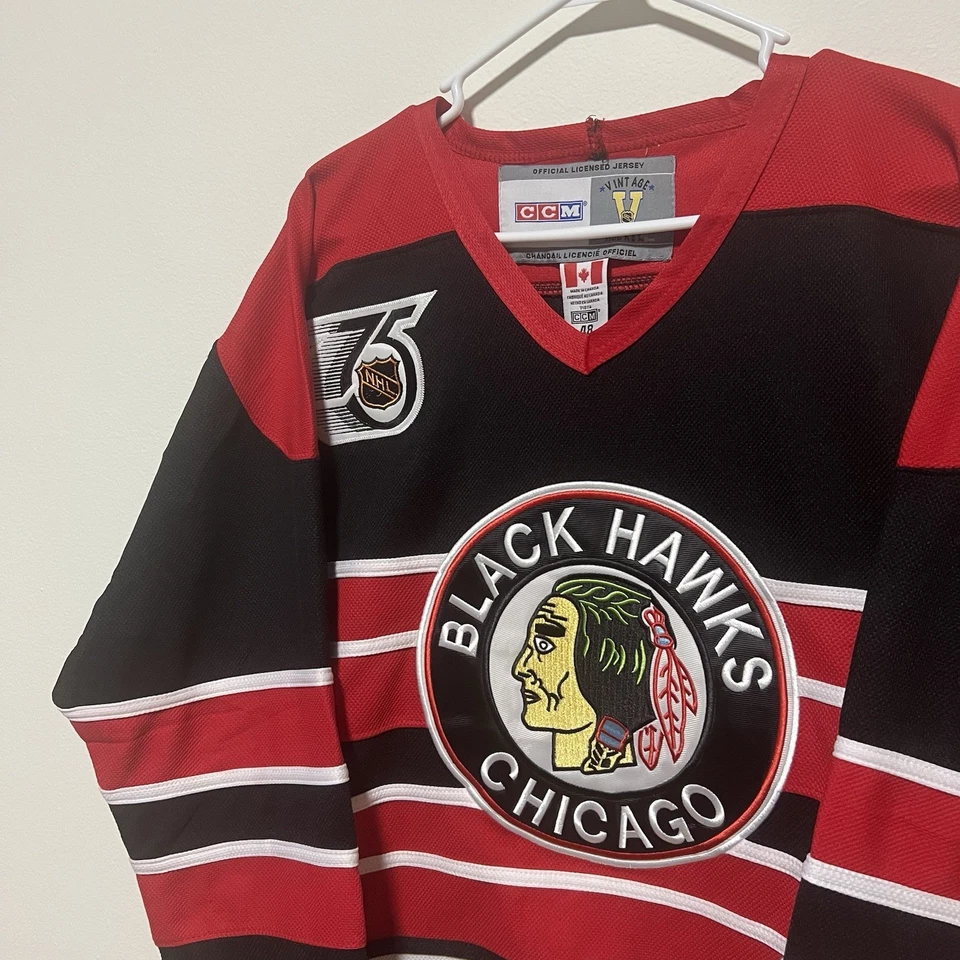 Винтажная хоккейная футболка Мариана Хоссы No81 Chicago Blackhawks 75th CCM для взрослых 48 НХЛ - Изображение 2 из 4