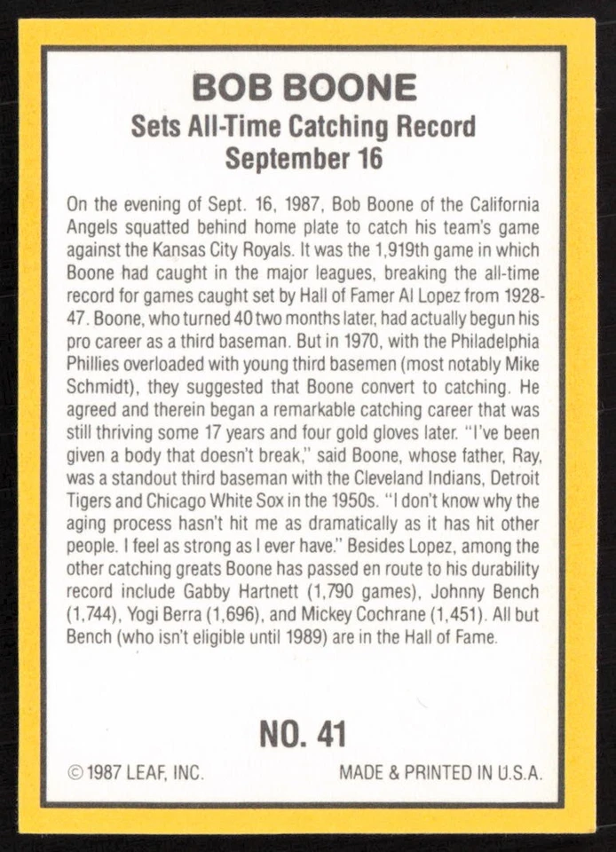 1987 Donruss Highlights Bob Boone #41 California Angels - Image 2 of 2