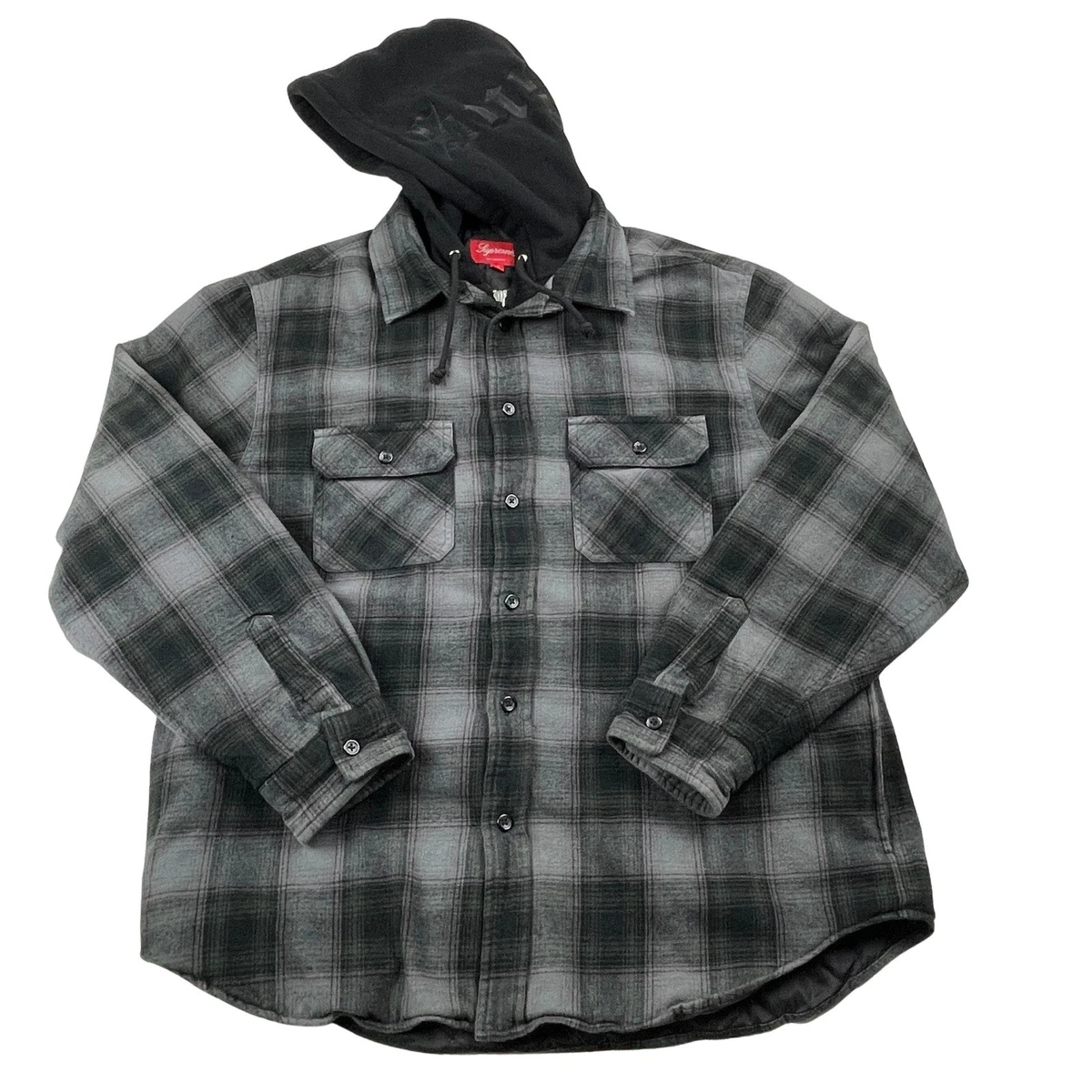 Supreme FW21 Hooded Flannel Zip Up Shirt Jacket Black Grey Plaid