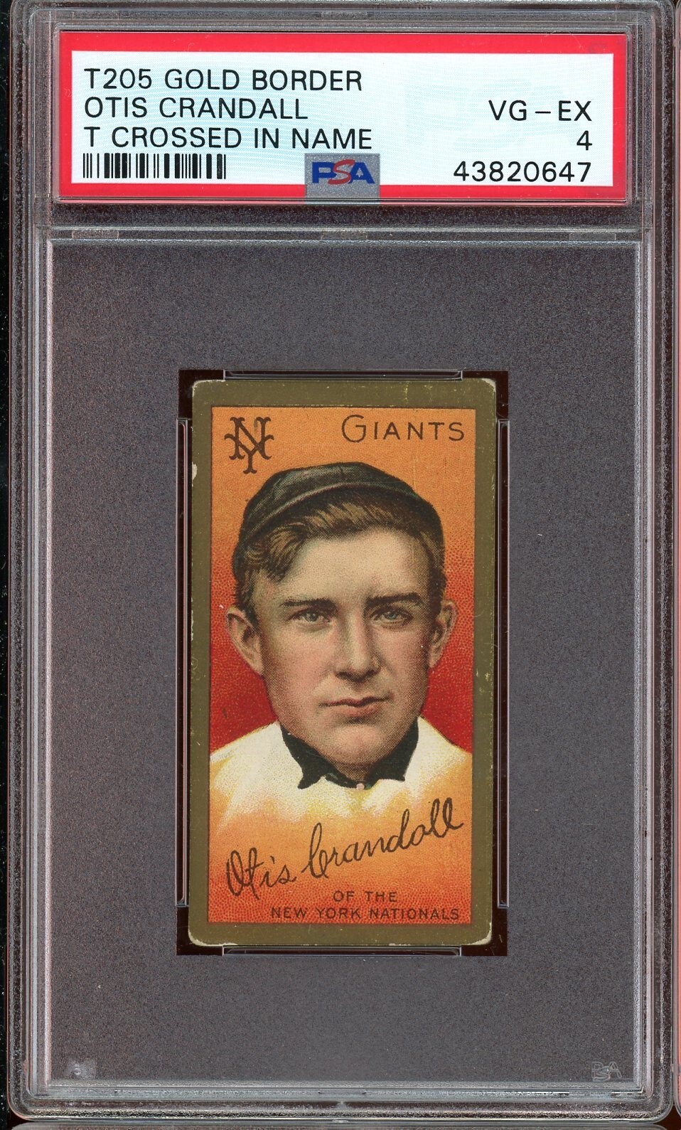 1911 T205 Gold Border Baseball Otis Crandall T Crossed PSA 4