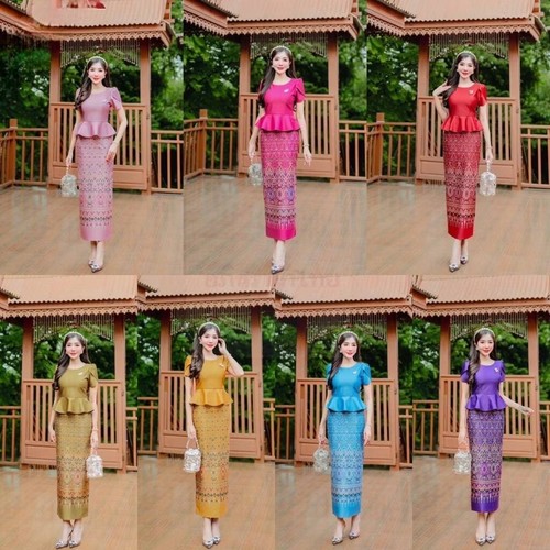 Thai Cotton Dress Traditional Women Skirt Blouse Fashion Printed Long Laos Asian - 第 12/20 張圖片