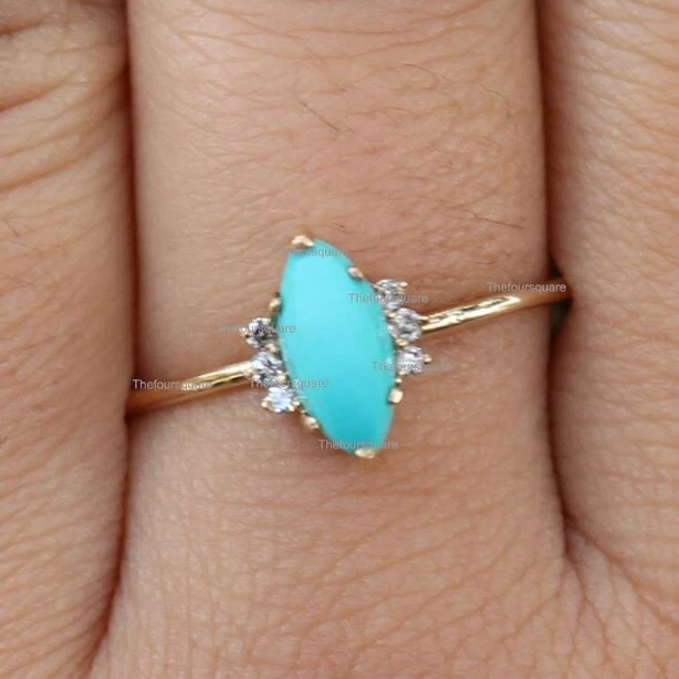 Anillo de boda de plata 925 con diamantes turquesa marquesa, anillo de cuatro diamantes Foto 4 de 4
