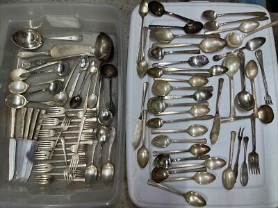 HUGE LOT Of 80 Mixed Vintage Silver Plate Silverware Read  Description