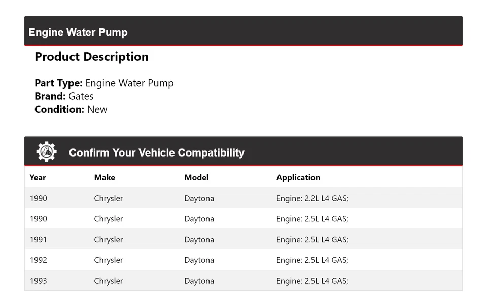 Puertas de bomba de agua para motor Chrysler Daytona 1990-1993 1991 1992 Foto 2 de 4